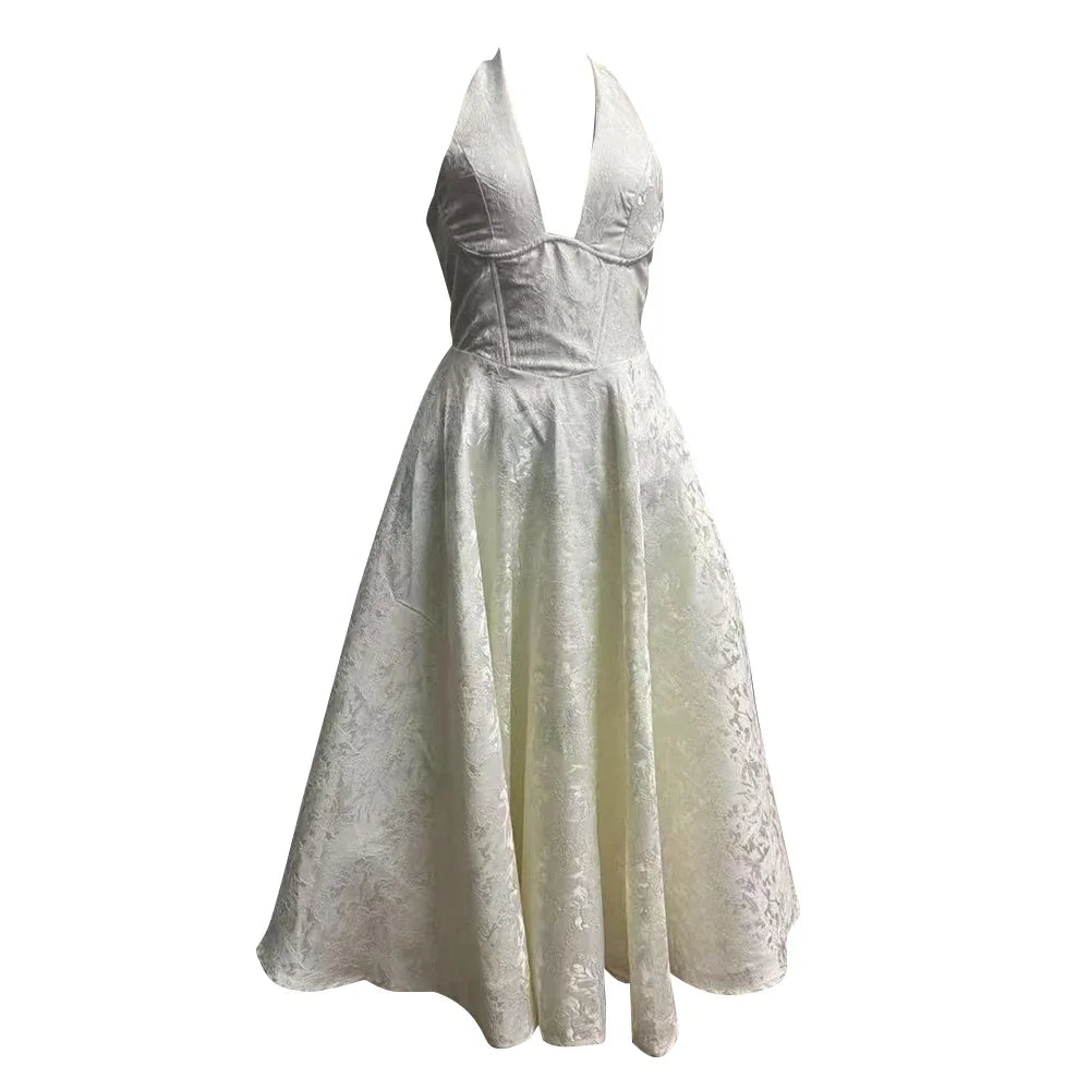 Satin Jacquard Deep Neck Print Flare Maxi Dress