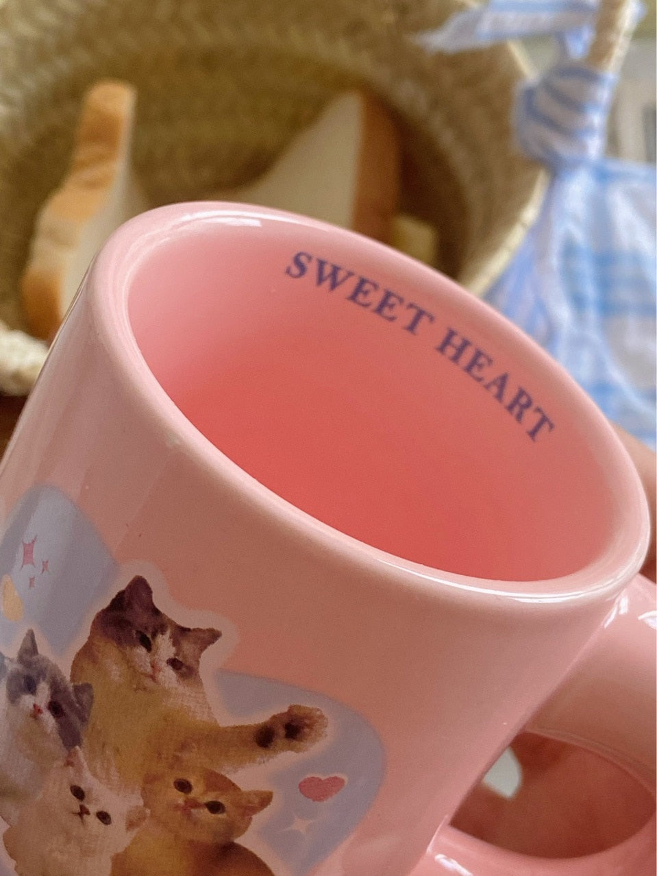 Pink Cute Kitten Mug for Girls To Drink Breakfast Coffee Milk Cup Ceramic Chubby Handle Christmas Gift