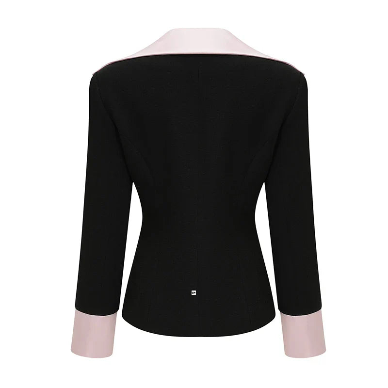 Black Blazer With Pink Satin Satin Contrast And Mini Skirt Set