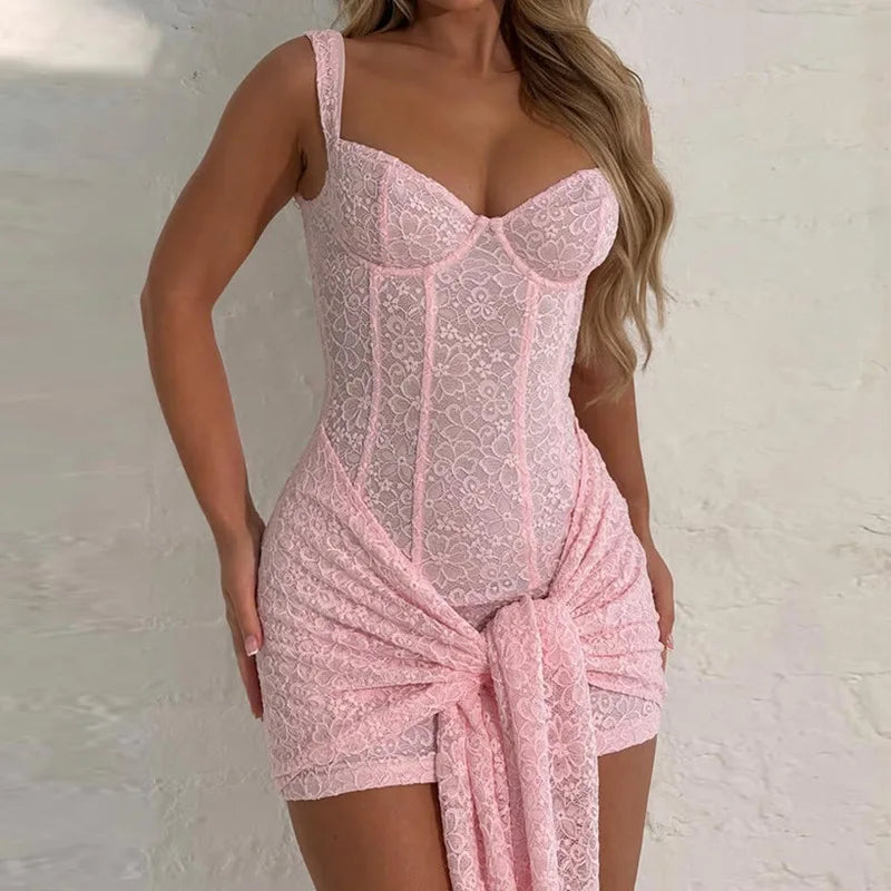 Lace Sheer Bandage Tie Up Mini Dress