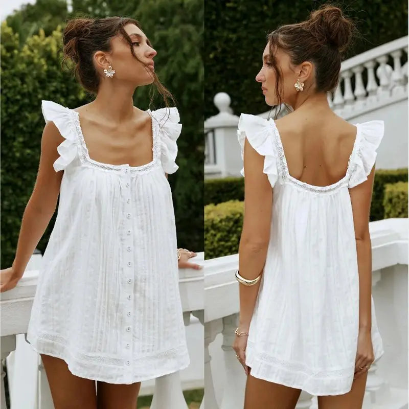 White Frill Trim Square Neck Mini Pleated Dress