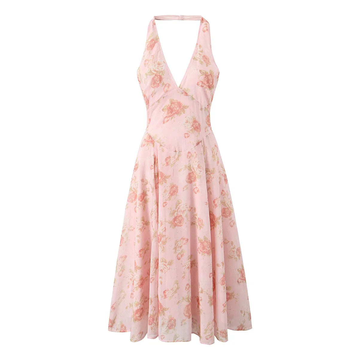 Pink Flower Print Halter Midi Dress