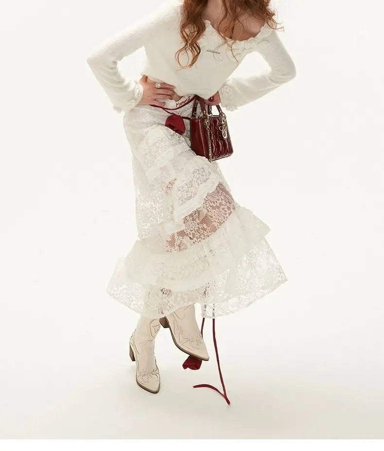 White Lace Layer Tulle Midi Skirt