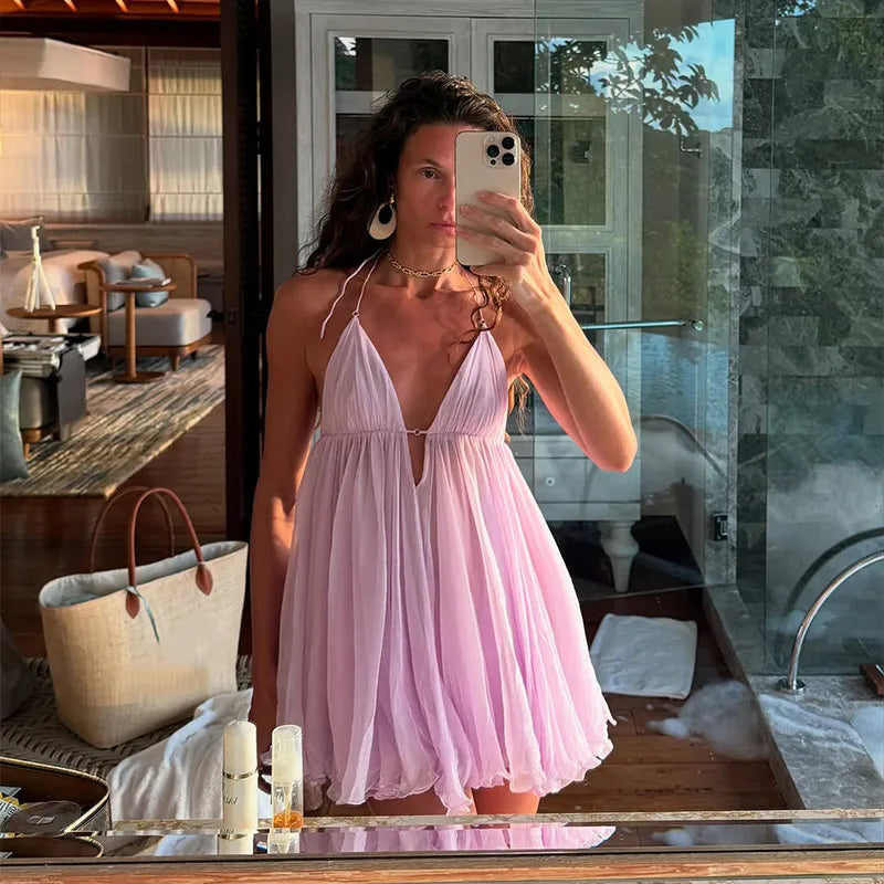 Chiffon Strap Mini Flare Dress - V-Neck A-Line