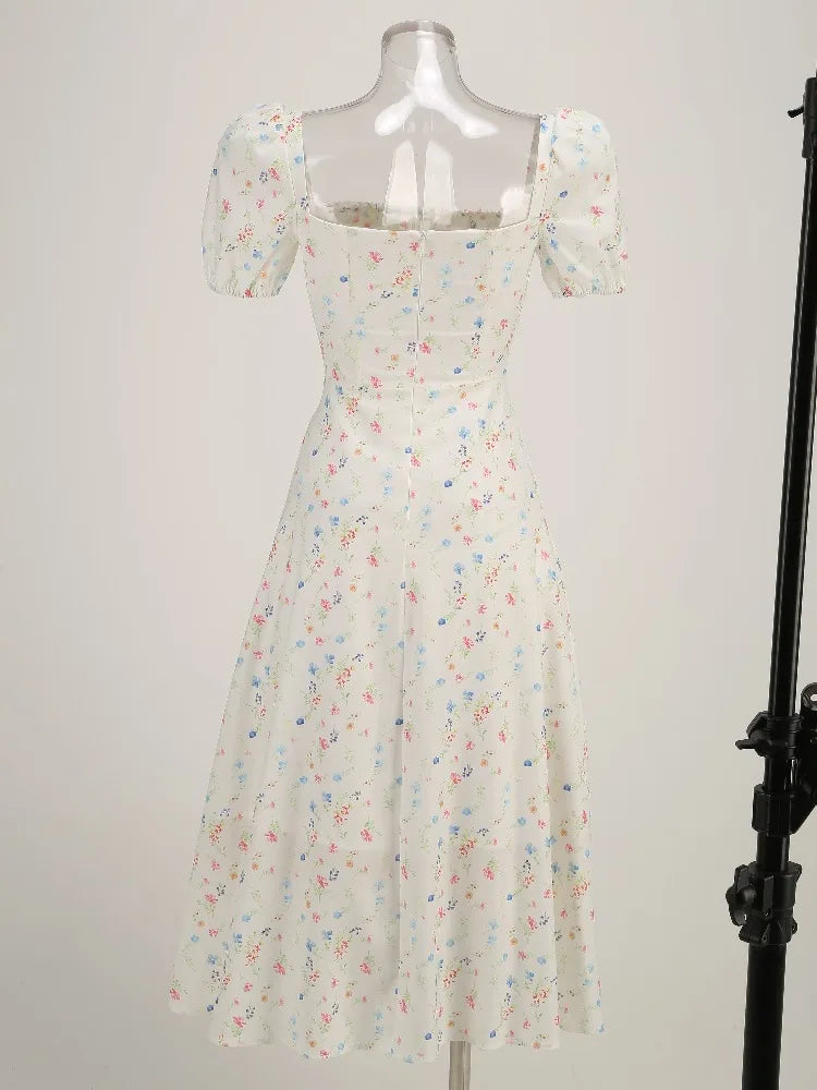 Puff Sleeves Floral Printed Midi Dress