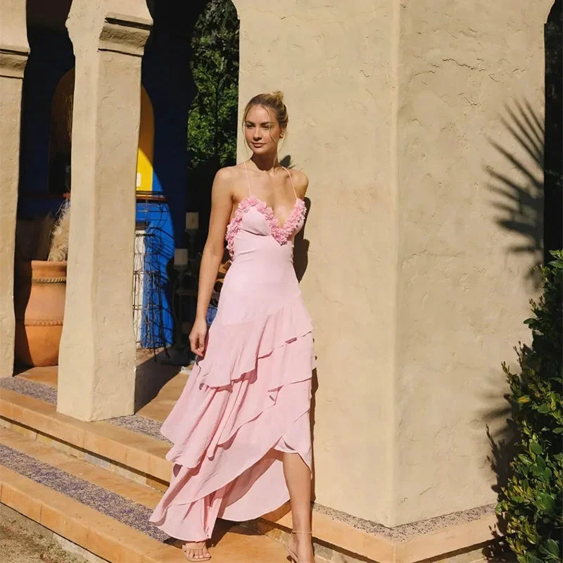Pink Frill Layered Strap Maxi Dress