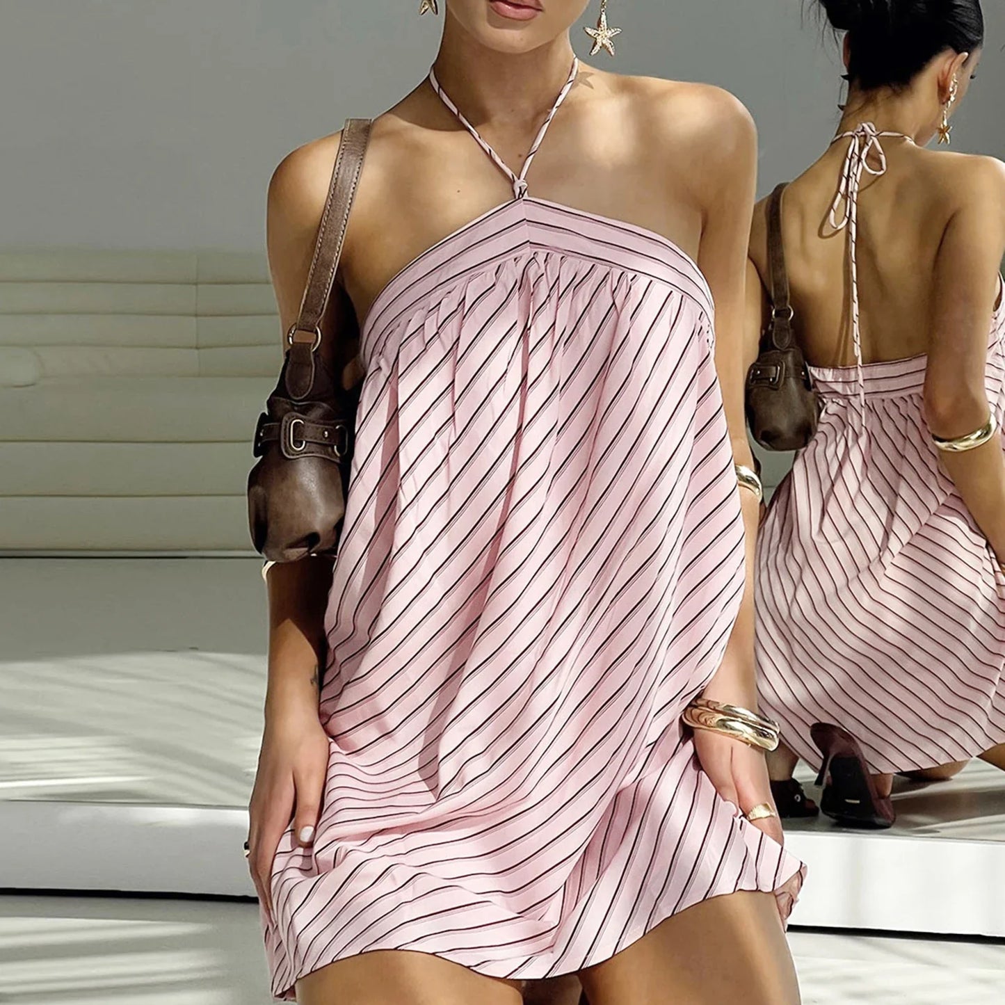 Pink Stripes Print Halter Short Dress