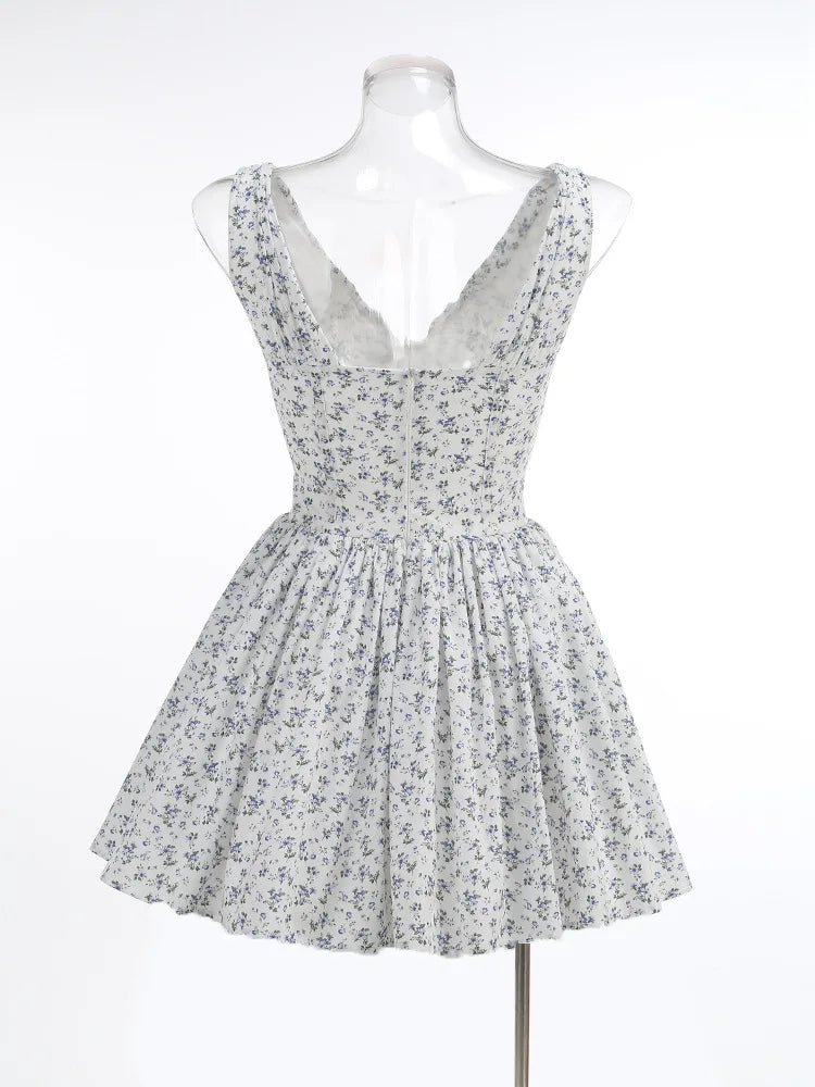 White Deep V-neck Blue Floral Print Mini Dress
