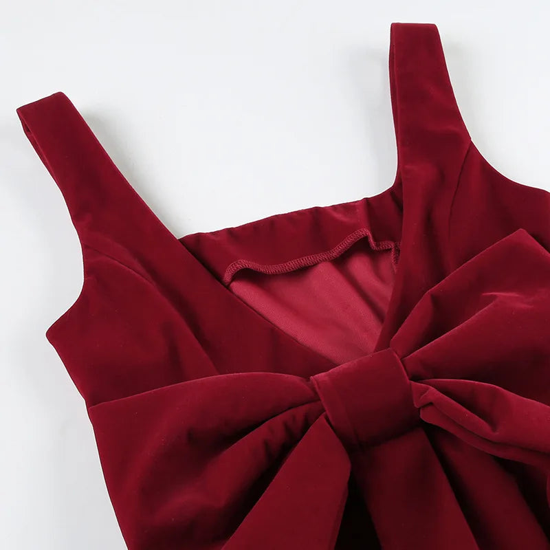 Red Backless V Cut Bow Mink Dress
