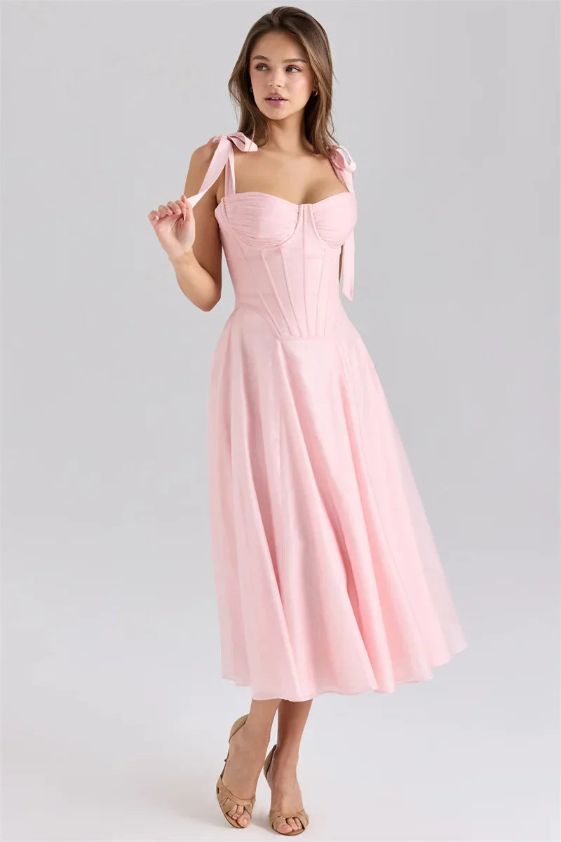 Pink Tie Strap Back Lace Up Midi Dress