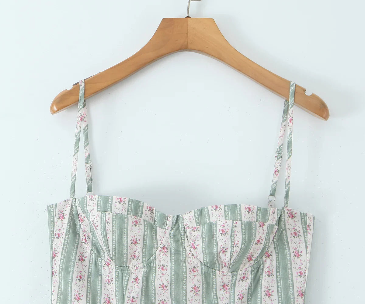 Green Striped Floral Print Corset Style Midi Dress - Sweet Fit & Flare