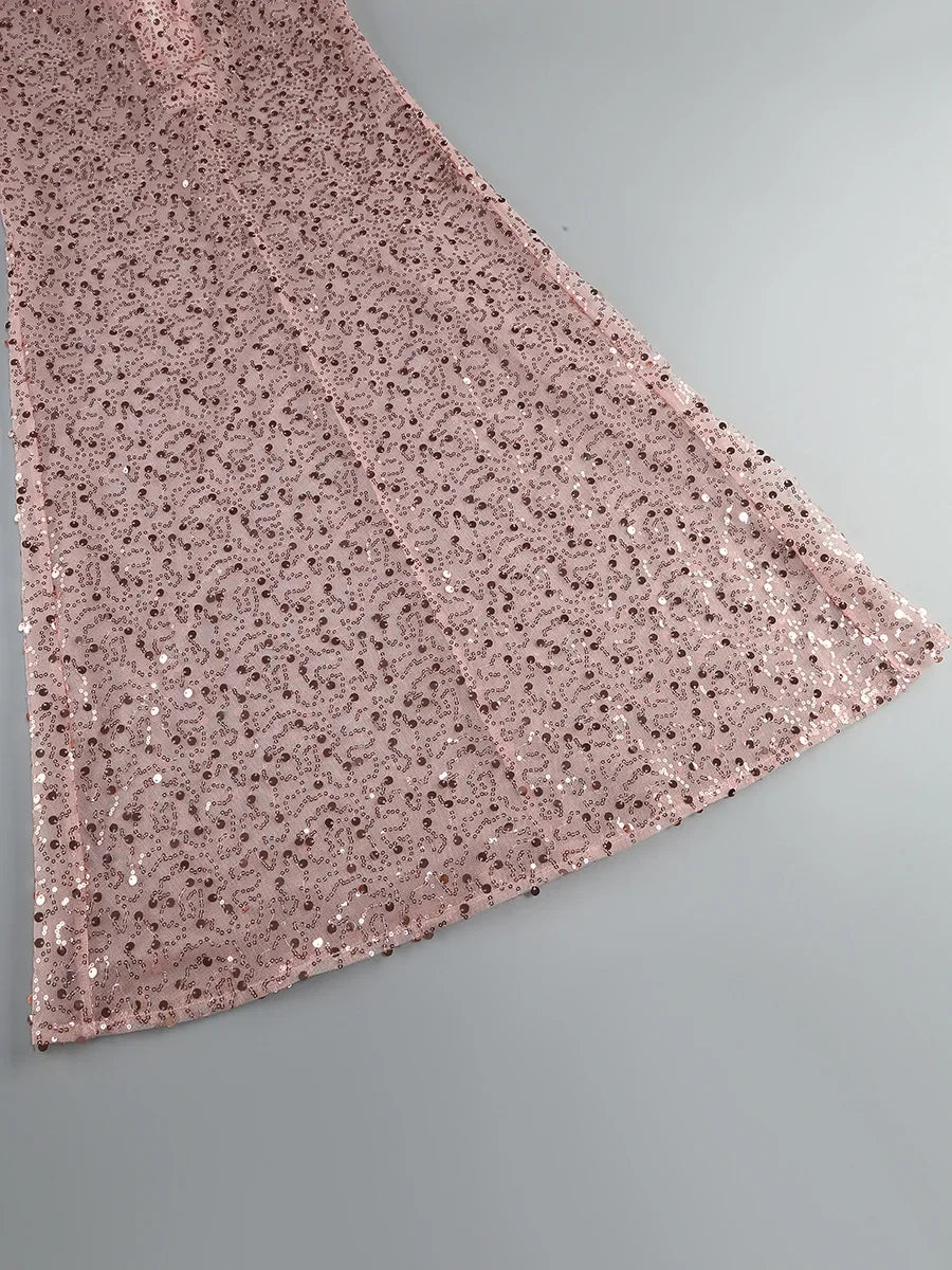 Pink Sequin Bodycon Mesh Maxi Dress