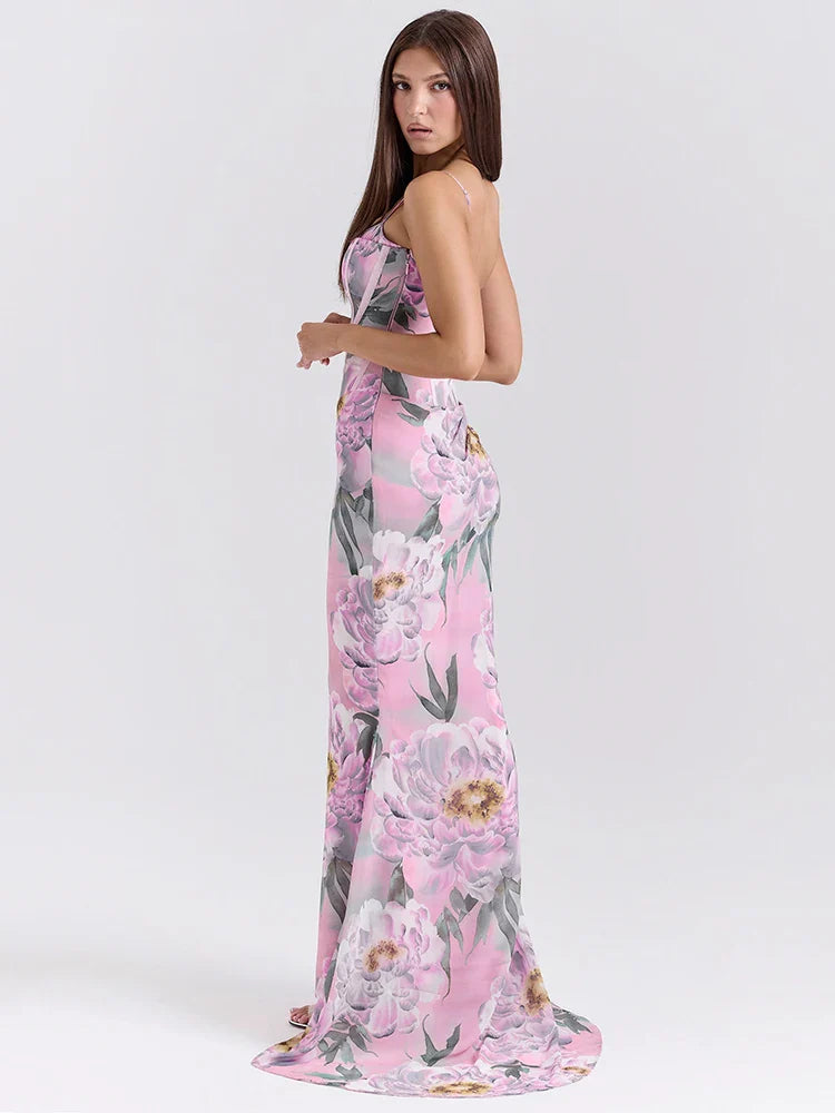 Pink Printed Corset Maxi Dres