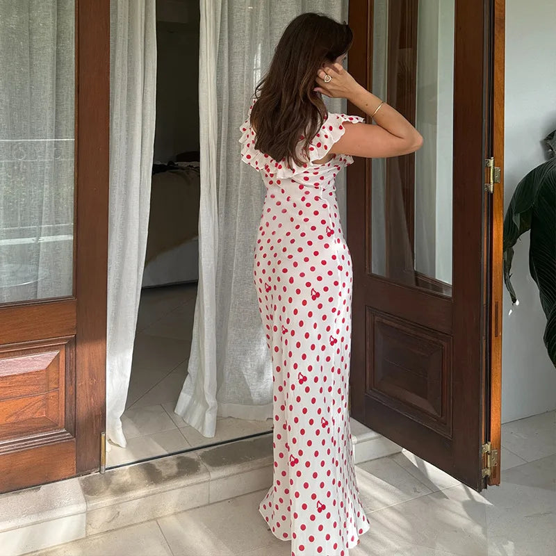 Red Off Shoulder Ruffled Polka Dot Printed Maxi Dress