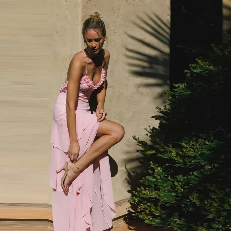 Pink Frill Layered Strap Maxi Dress