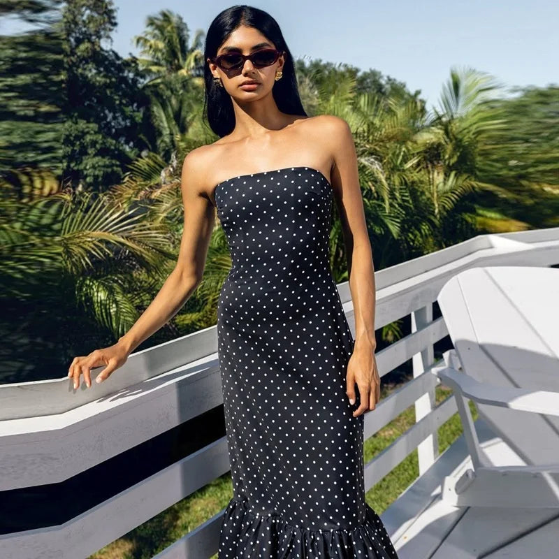 Polka Dot Strapless Tiered Hem Midi Dress