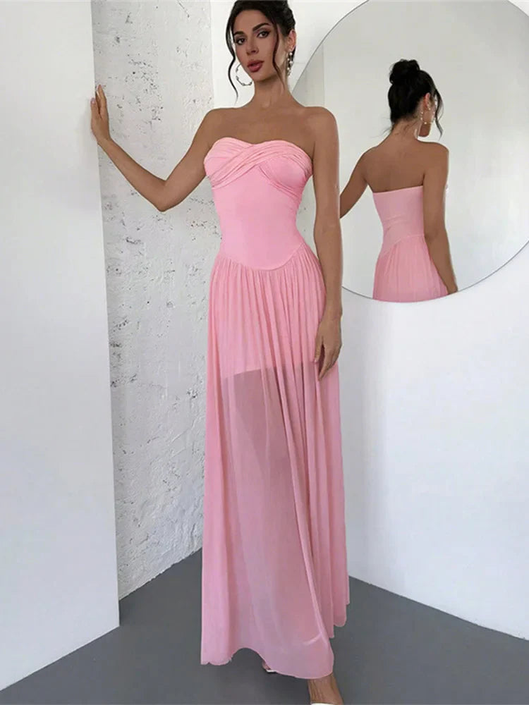 Pink Strapless Mesh Maxi Dress