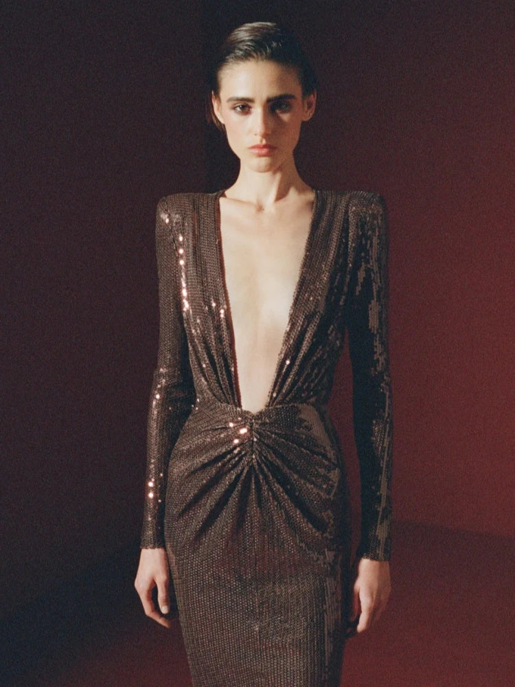 Brown Sequin Deep V Neck Long Sleeve Midi Dress