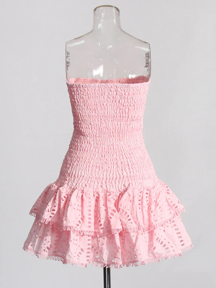 Ruched Strapless Embroidered Frill Mini Dress