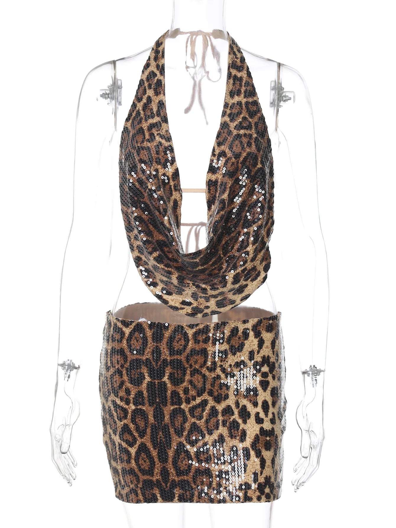 Leopard Print Sequin Backless Halter Top and Mini Skirt Two Piece Set