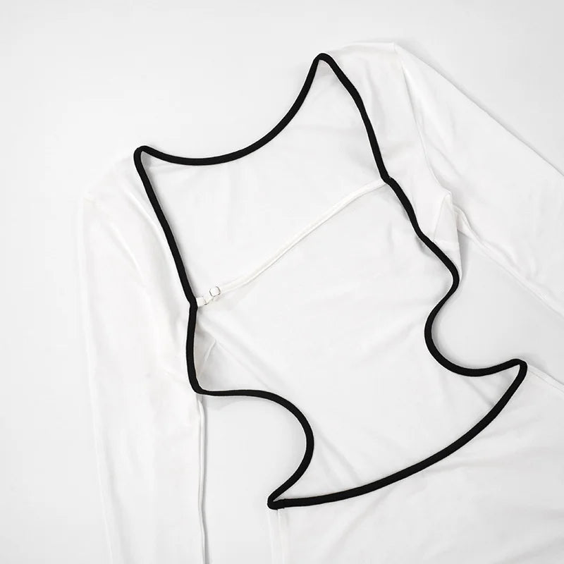 Contrast Trim Side Cut Backless Long Sleeve Mini Dress