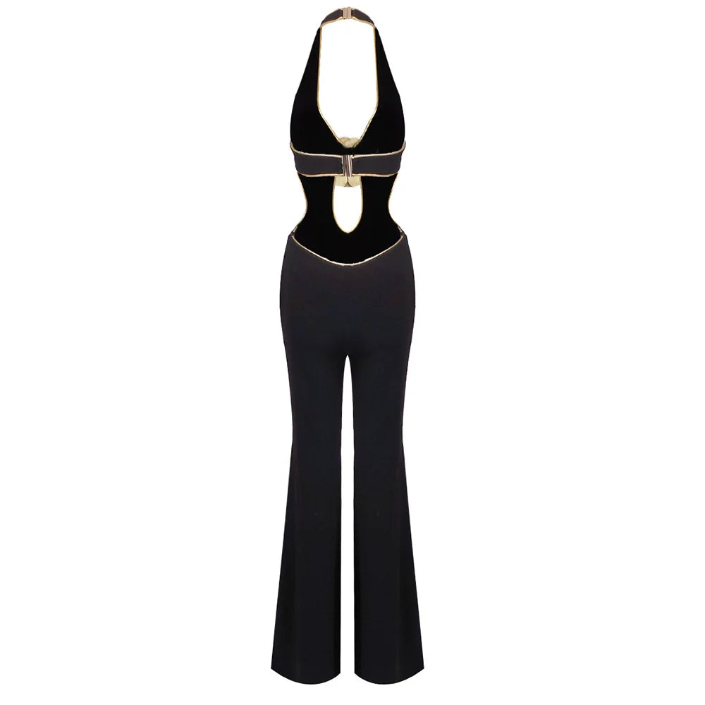 Black Cut Out Halter Golden Flower Jumpsuit