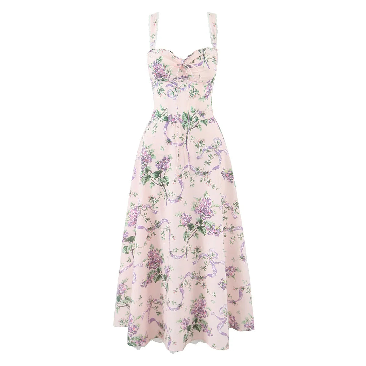 Pink Floral Print Bow Ruched Midi Dress