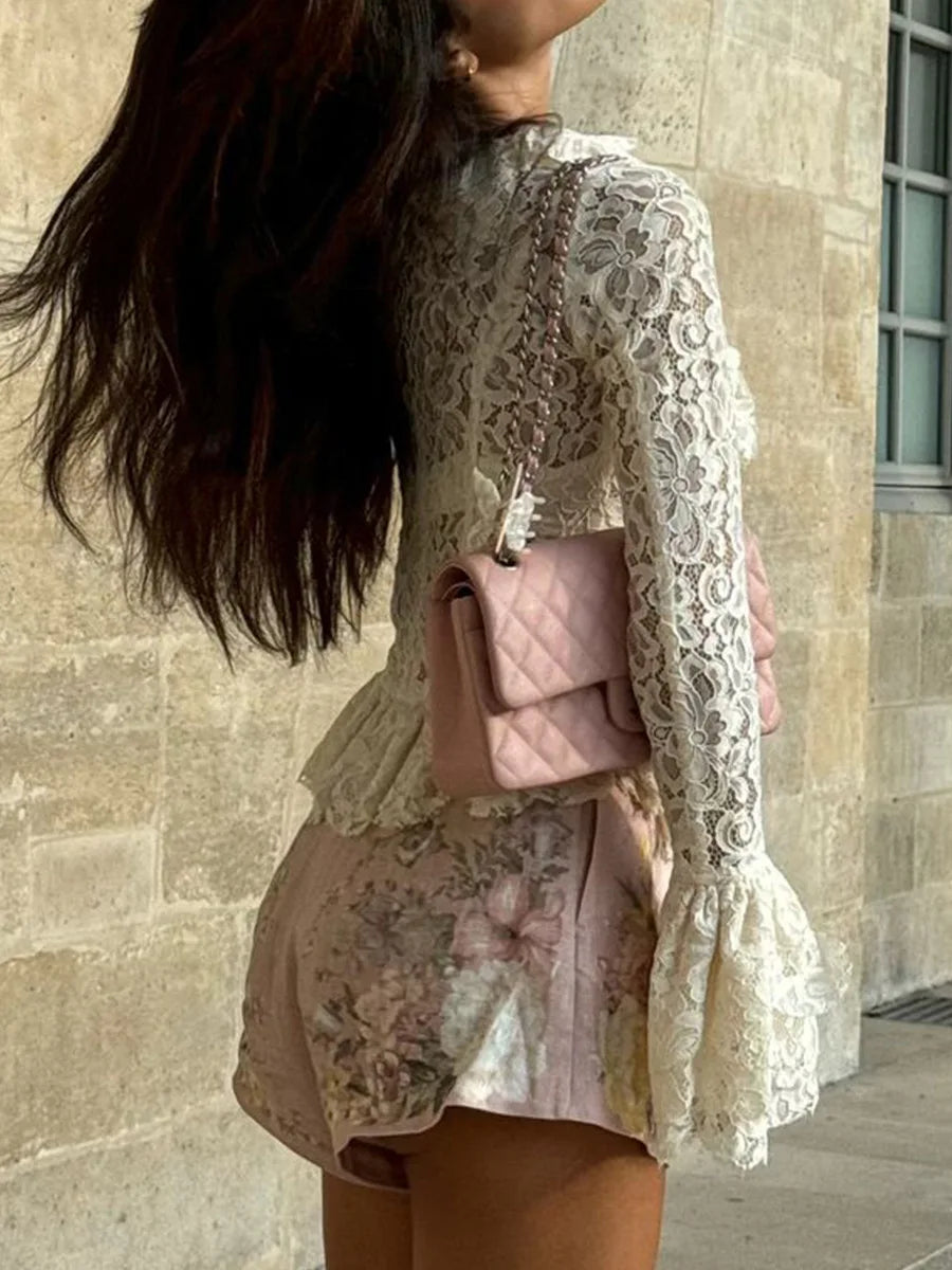 White Lace Ruffle Sleeve Top