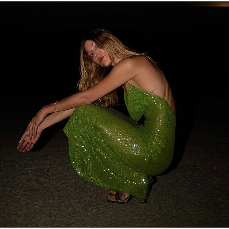 Green Sequin Backless Sling Maxi Dress