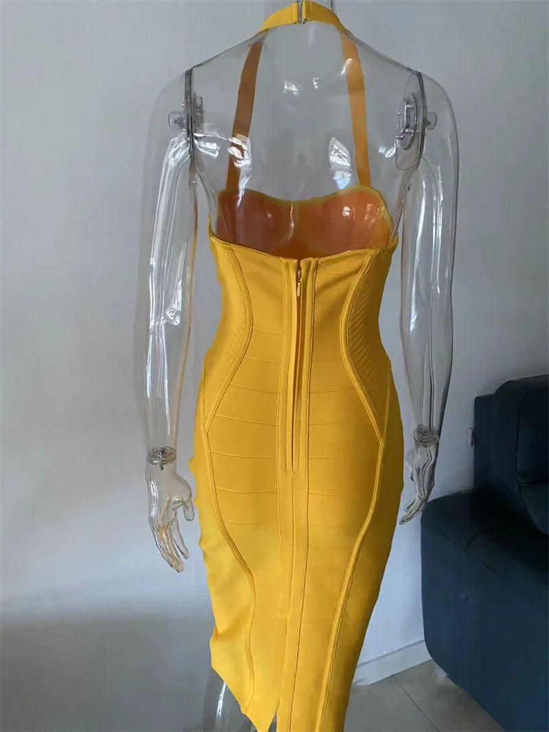 Orange Bandage Halter Midi Dress
