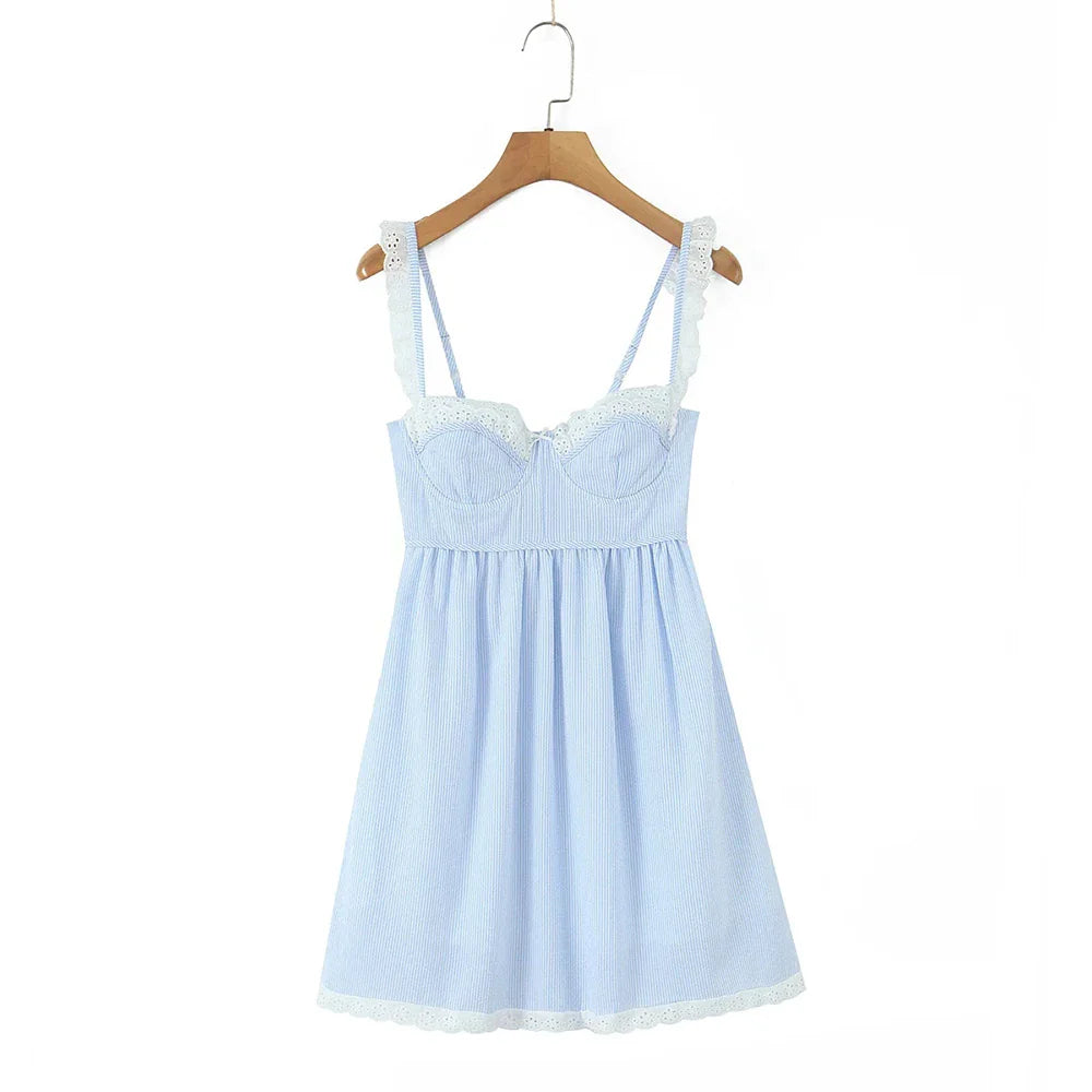 Blue Stripe Lace Trim Babydoll Mini Dress