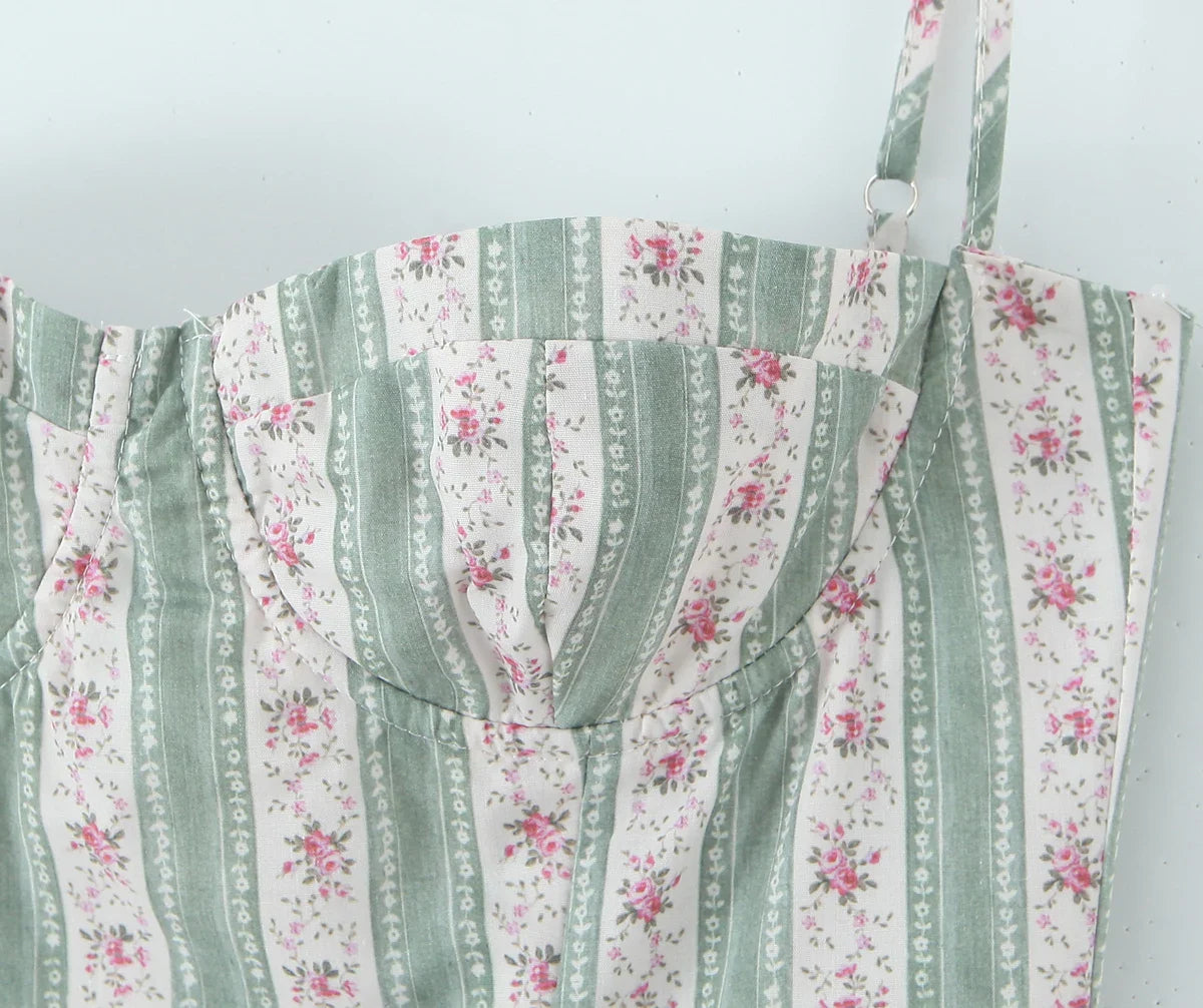 Green Striped Floral Print Corset Style Midi Dress - Sweet Fit & Flare