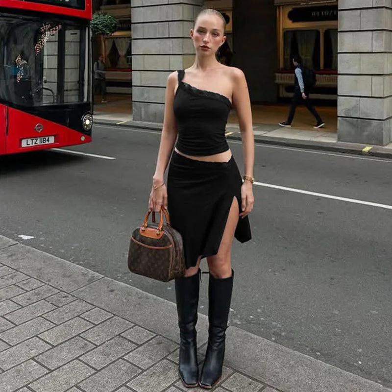 Lace Off-Shoulder Top And High Slit Midi Skirt Set