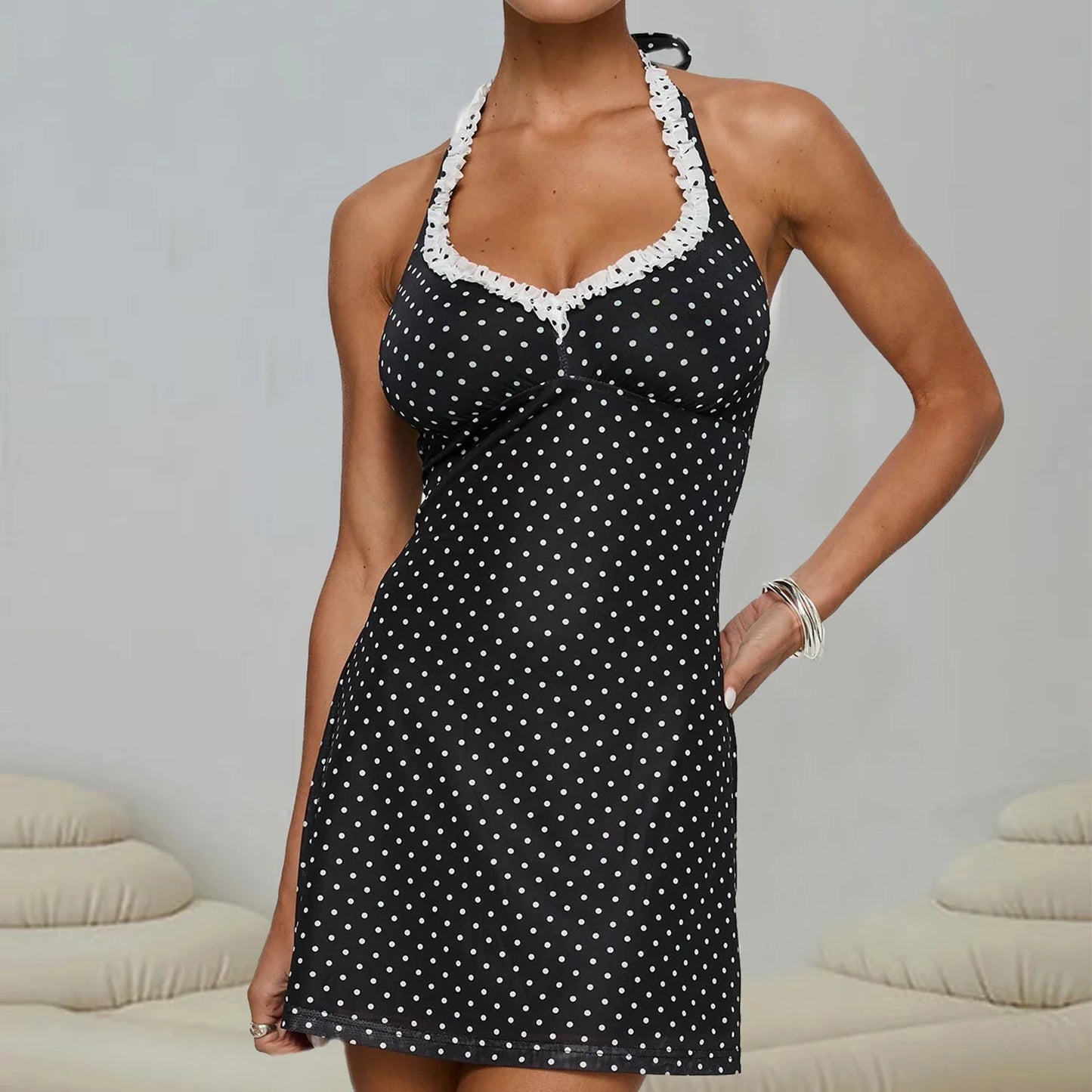 Black Polka Dot Ruffle Strap Mini Dress