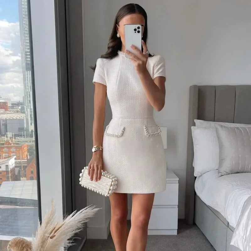 Tweed Solid Beaded Seam Mini Dress