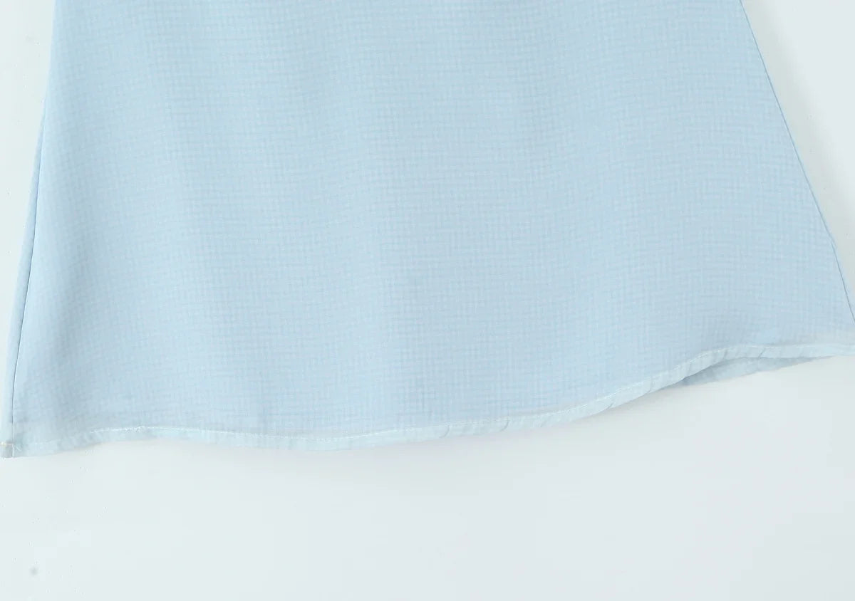 Blue Plaid Wire Bra Embroidery Mini Dress