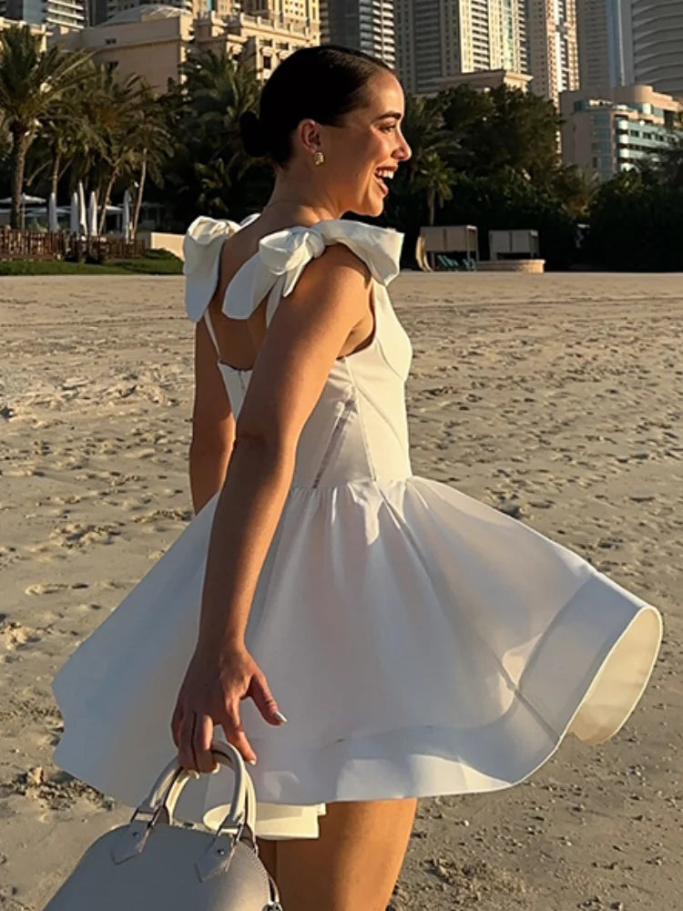 White Bowknot A-line Mini Dress