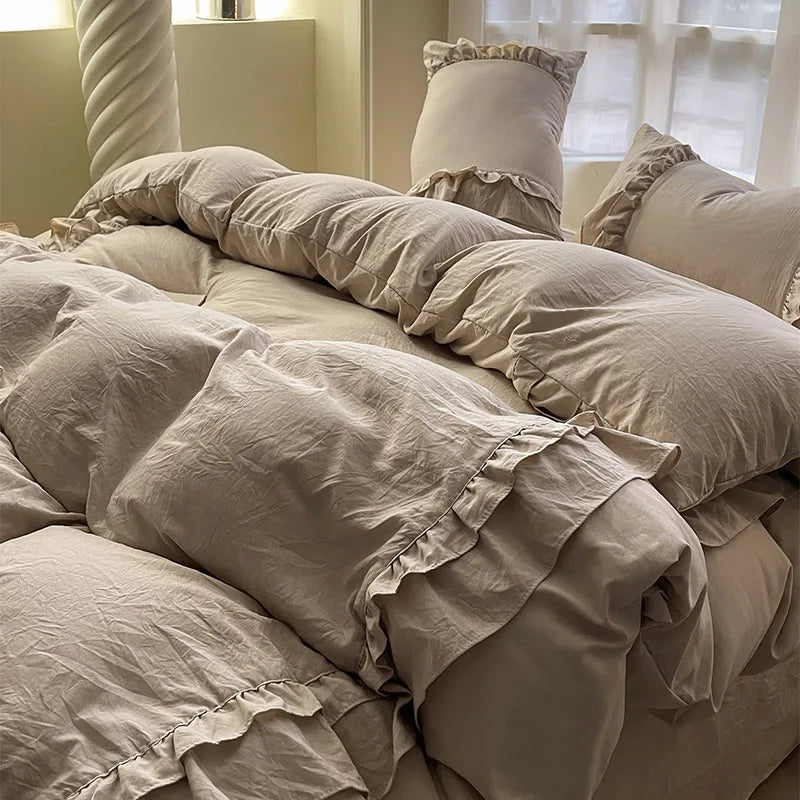 Ins Princess Bedding Set Double Layer Lace Simple Solid Duvet Cover Soft Wash Cotton 4pcs For Girl Spring Home Textiles