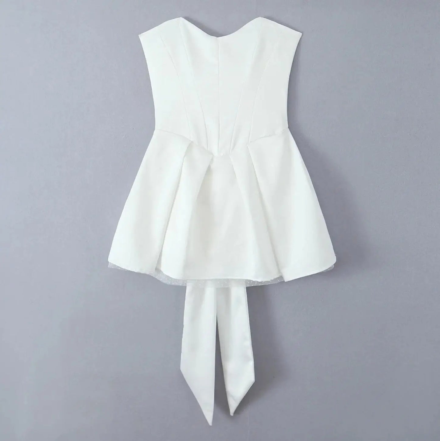White Satin Tulle Back Bow Mini Strapless Dress
