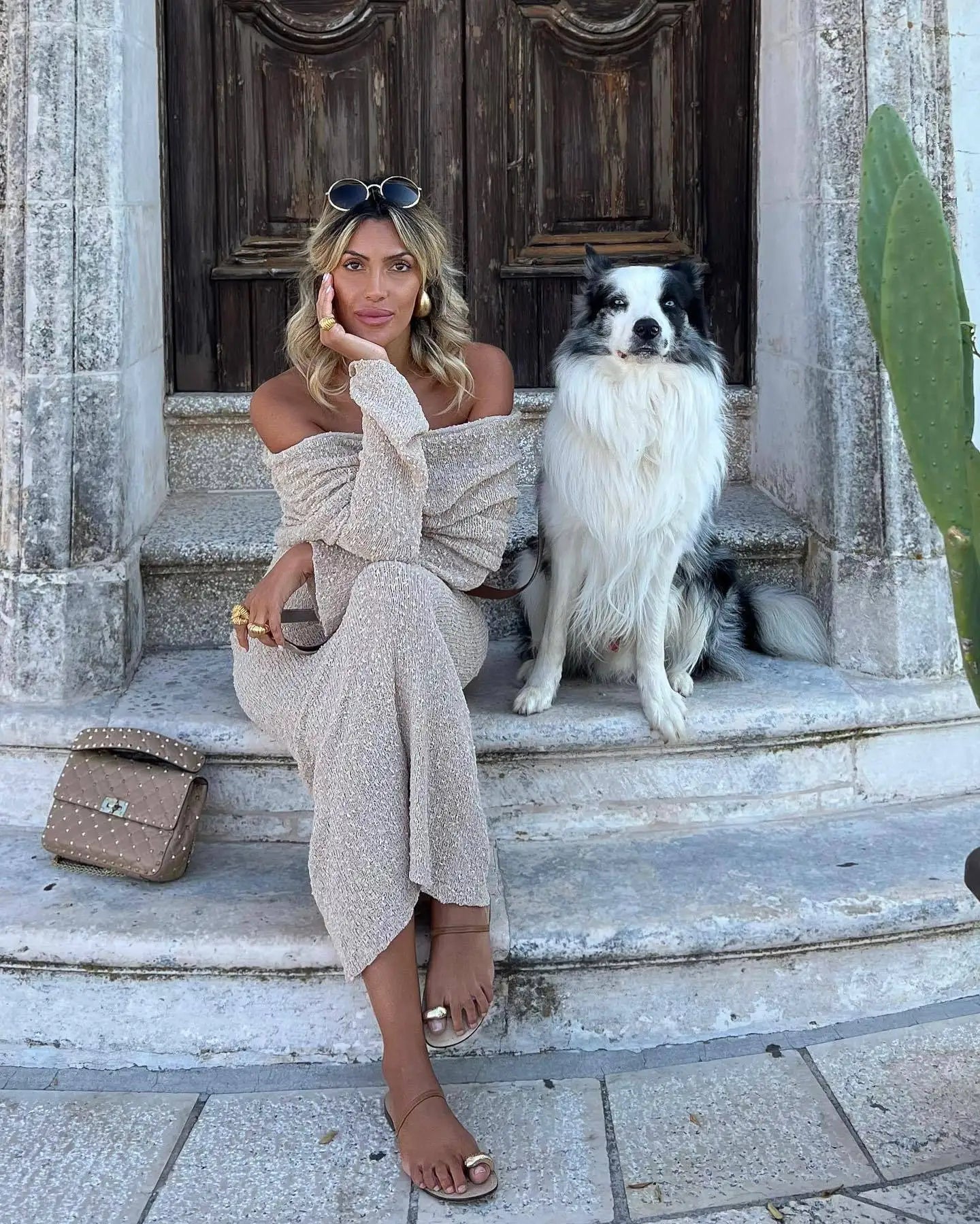 Knit Off-Shoulder Long Sleeve Maxi Dress