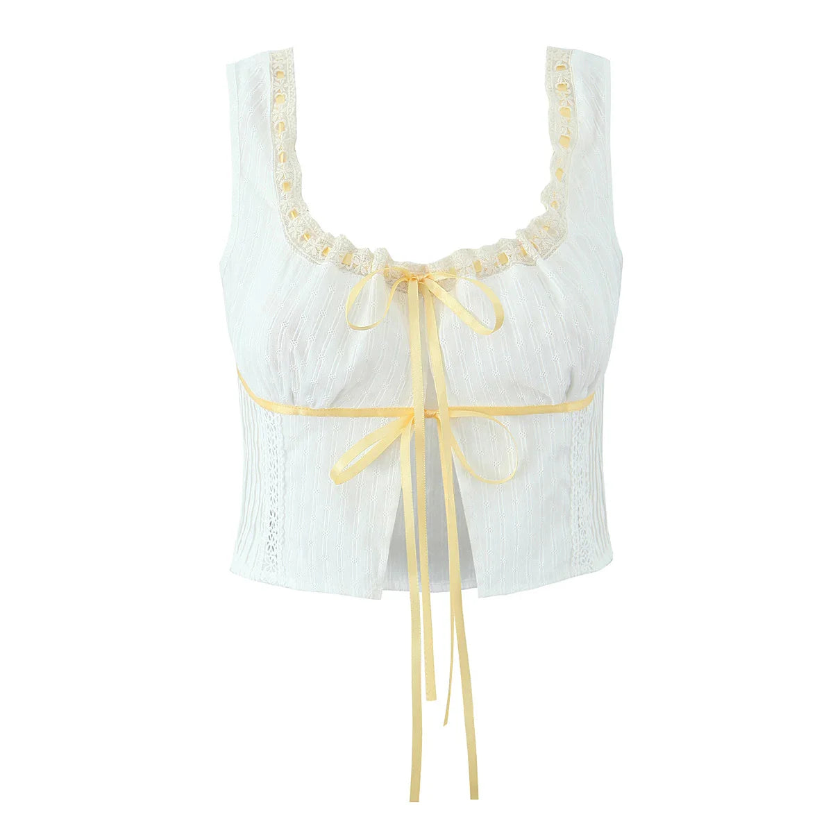 White Ruched Yellow Ribbon Crop Top And Maxi Skirt Set