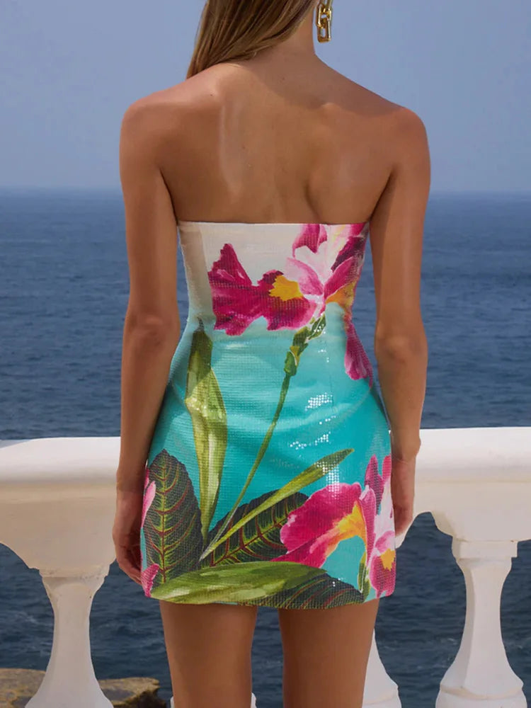 Strapless Printed Sequin Mini Dress