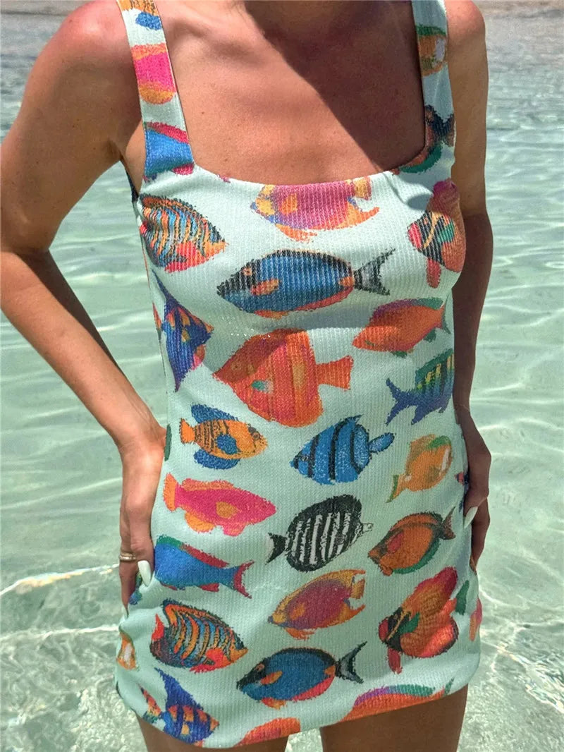 Sequin Square Collar Fish Print Mini Dress