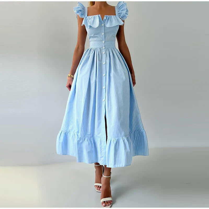 Ruffles Striped Square Collar Buttoned Long Dress