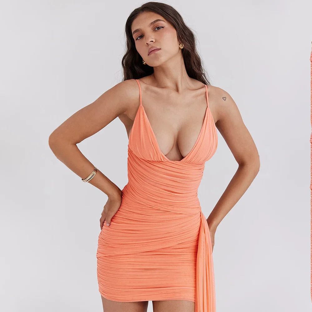 Orange V-neck Bandage Bodycon Mini Dress