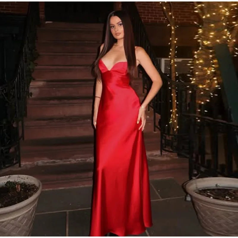 Satin Solid V-neck Strap Maxi Dress