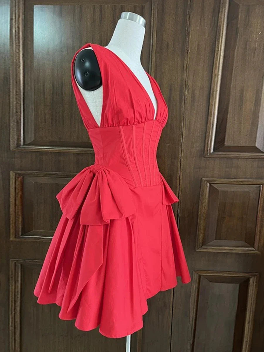 Red V-neck Pleated Mini Dress