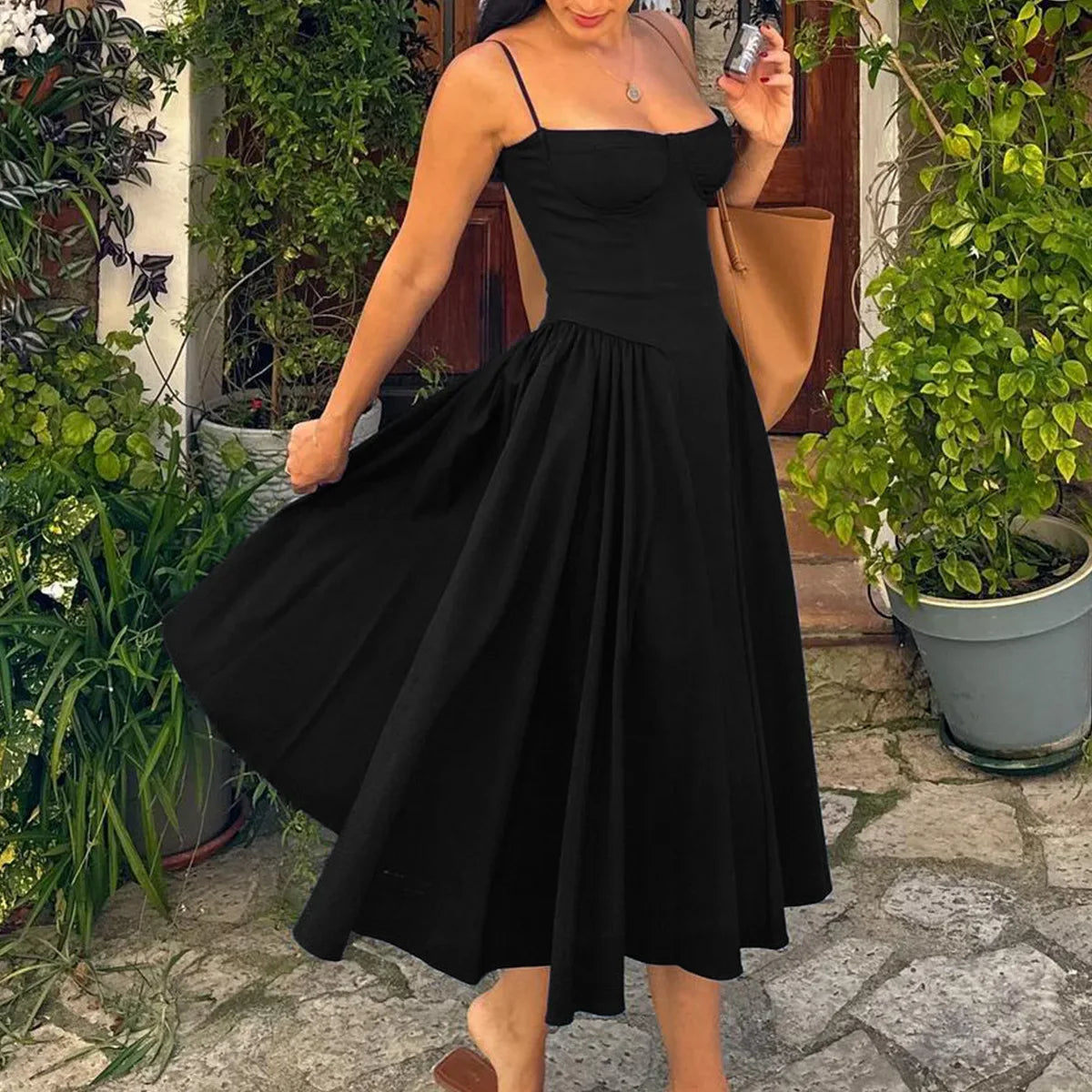 Solid Spaghetti Strap Bustier Pleated Midi Dress