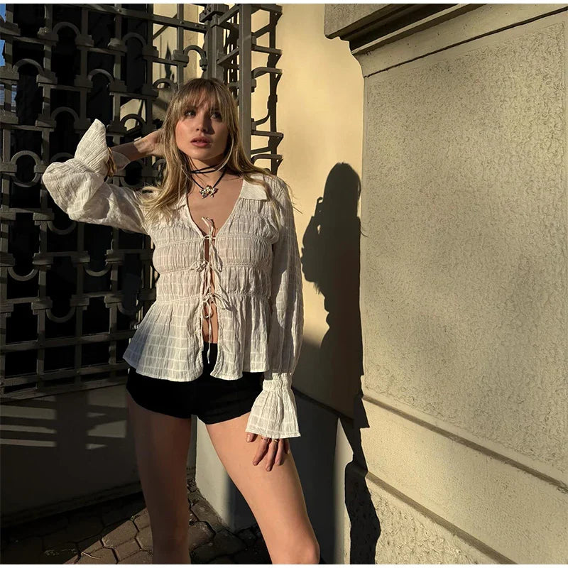 White Ruched Tie Up Long Sleeve Top