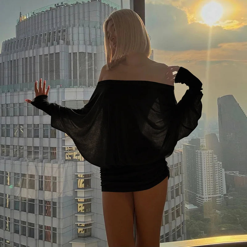 Sheer Off-shoulder along Sleeve Puff Mini Dress